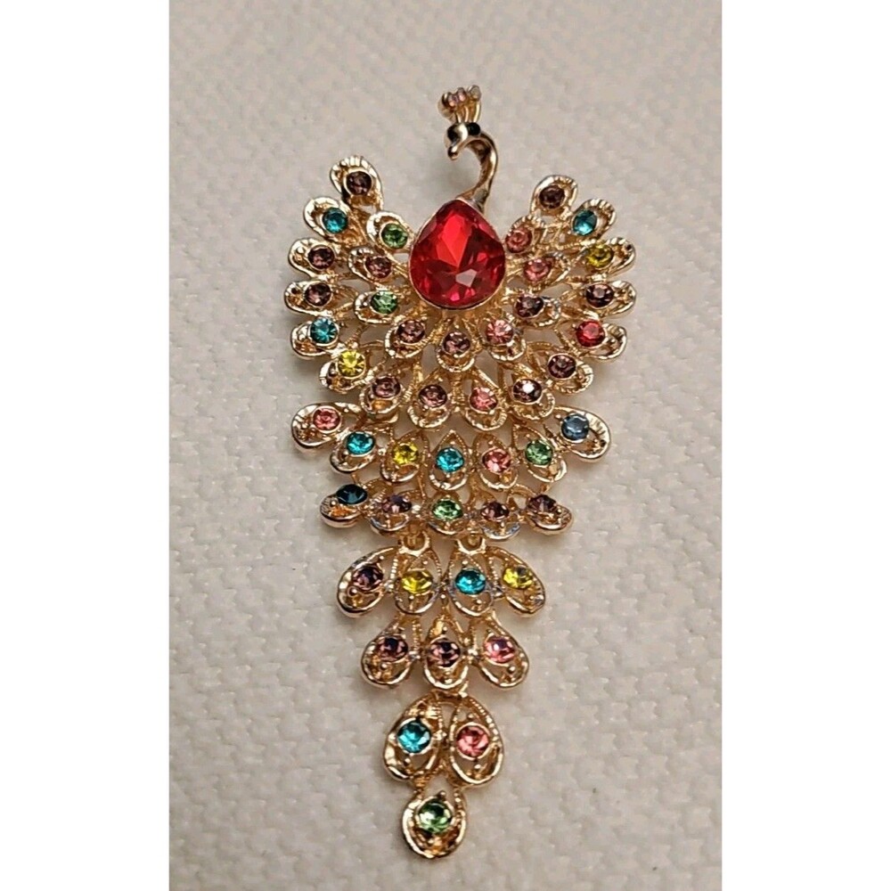 Multicolor Crystal Large Peacock Brooch/Pendant Red 4" Long